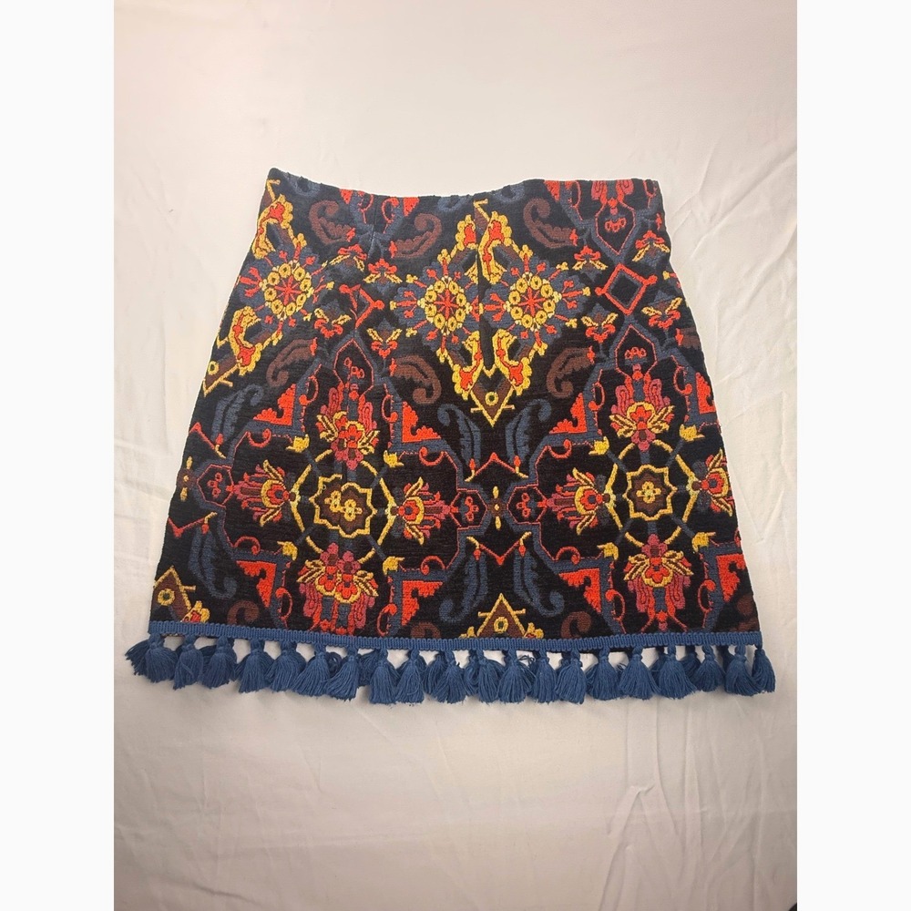Zara Woman M Tapestry Mini Skirt Boho Tassel Fringe Jacquard Multi Color
